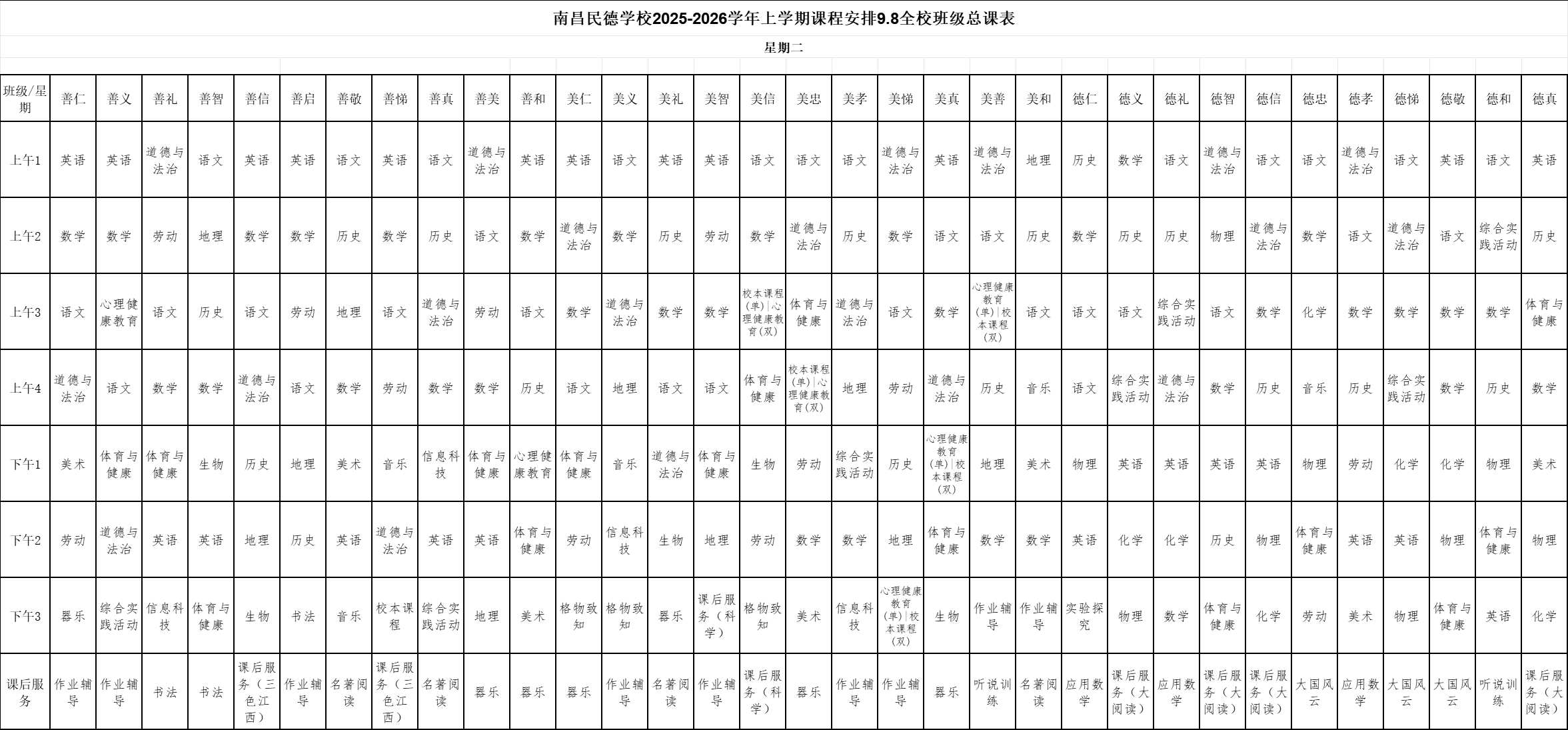 南昌民德學(xué)校2025-2026上學(xué)期總課表